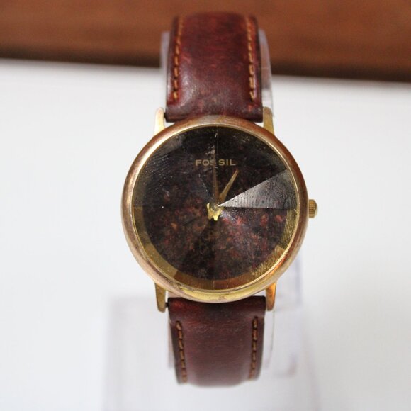 Fossil Brown Dial Unisex Watch Gold Case Leather Band 40mm Diamon Crystal Style - Picture 2 of 9
